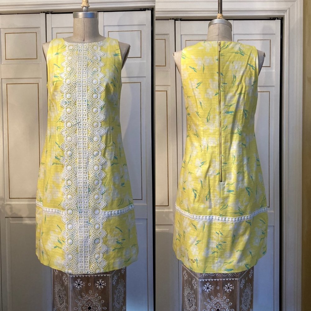 Womens Eliza J. yellow dress with ivory embrodiered lace detail, size 8.